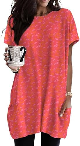 Poetsky Womens Tops Red Short Sleeve Tunic Shirts Loose Fit Blouses With Pockets Boho Clothes To Wear With Leggings
