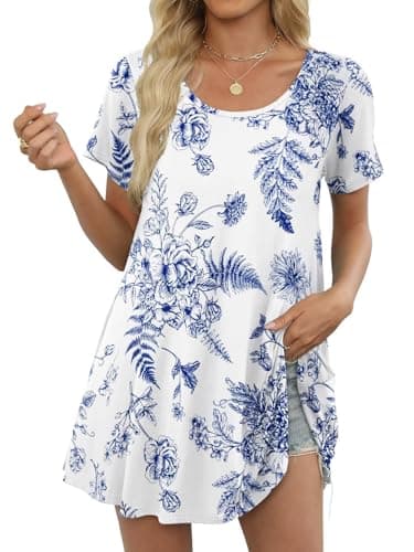 BELAROI Plus Size Tops for Women Summer Casual Tunic T Shirts Short Sleeve Flowy Swing Loose Fit (Flower123, 1X)