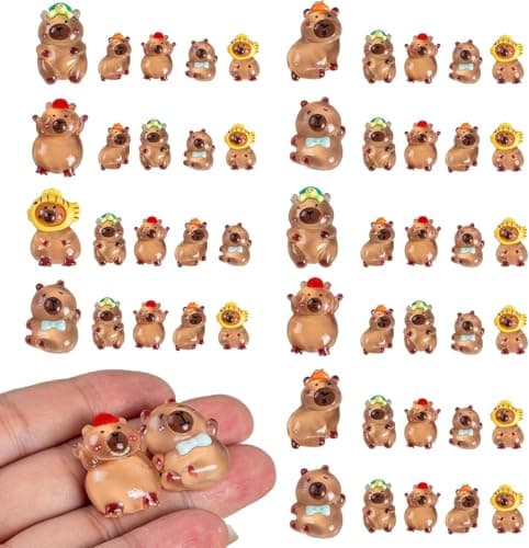 Teenzee Mini Resin Capybara 5 Variety 50P Tiny Animals Figures Miniature Little Small Capybara Figurines Bulk for Micro Fairy Garden Landscape Accessories Hide Crafts Decor