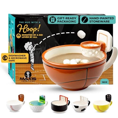 MAX’IS Creations Sports Mugs - Funny Ceramic Coffee Mugs Cereal Bowl Sports Coach Kids Sports Gifts for Boys 8-12 12-14 Girls Stuff Accessories Mini-Hoop for Kids, 16oz