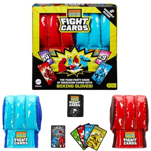 Mattel Games Rock ‘Em Sock ‘Em Robots Fight Cards Card Game, Team Party Game for Kids & Adults with 2 Boxing Gloves