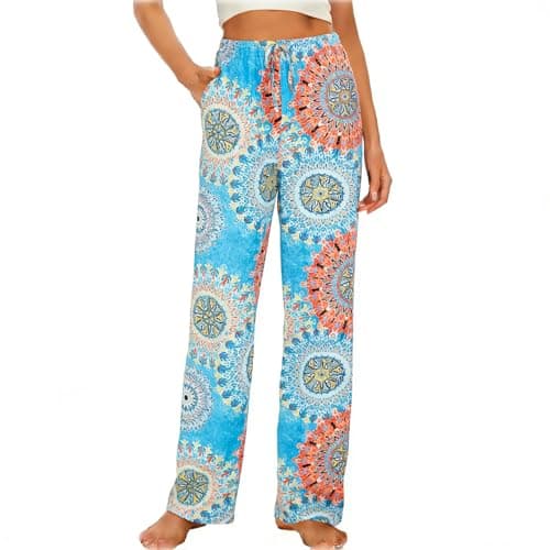 iniber Comfy Pajama Pants for Women, Stretch Drawstring Lounge Pants with Pockets, Soft Casual Loose Yoga Pants Wide Leg Pjs Bottoms