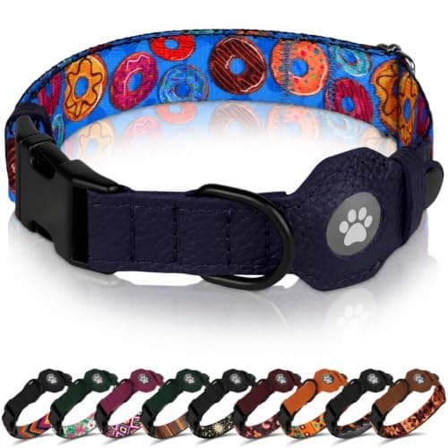 BUDKAS Dog Collar with AirTag Holder and Metal Buckle - Printed Nylon Soft Leather Dog Collar Compatible with Air Tag - Secure Tracking Pet Collars for Small Large Dogs (S, 12"-15" Neck Fit, Donuts)