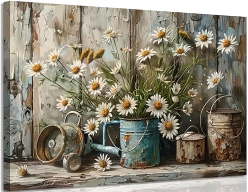 Rustic Farmhouse Daisy Canvas Wall art Vintage Country White Daisy Picture Wall Decor Neutral Still Life Flower Botanical Painting Artwork for Farmhouse Bedroom Bathroom Home Decoration 12x16in