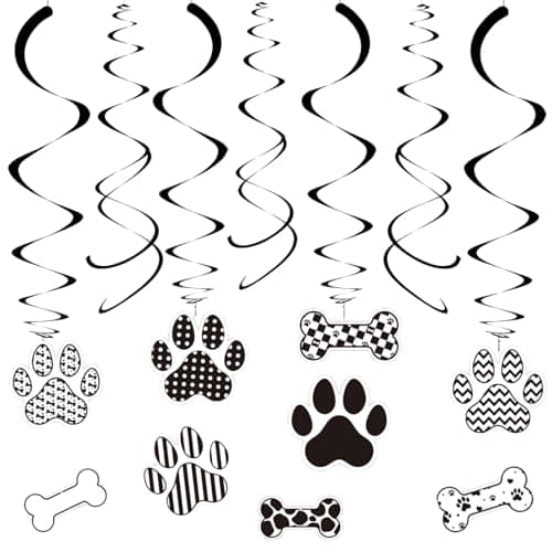 AimtoHome Dog BirthdayHanging Swirl Set Party Decorations, 48 Pcs, Dog Paw Bones Party Supplies Sign,White Black Grid