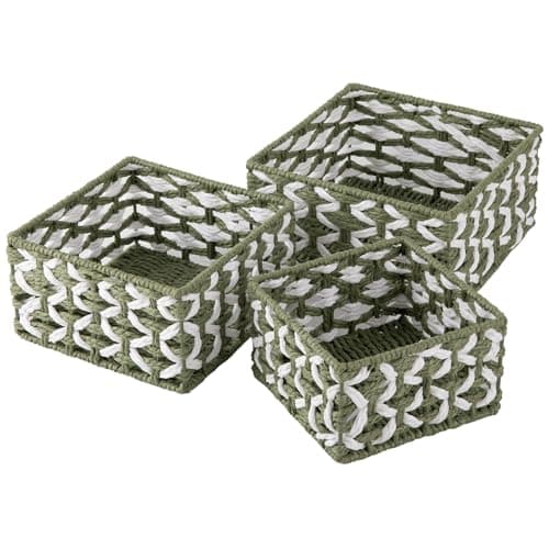 OIAHOMY Storage Baskets Paper Rope Shelf Baskets, Handwoven Small Wicker Bins for Home, Set of 3-Green & White