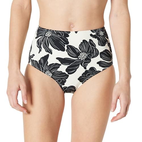 Amazon Essentials Women's High Waist Swim Bottom, Cream Black Floral, Medium