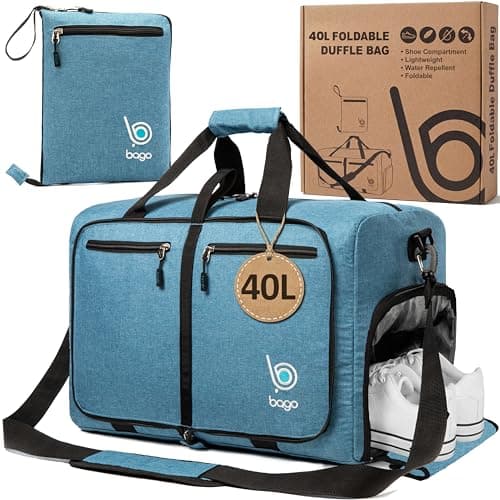 Bago Compact Duffle Bag for Travel Women & Men. Durable Lightweight Foldable Travel Duffel Bags For Traveling Women. 40L Duffle Bags a Reliable Weekender duffel or Overnight Bag With Shoe Compartment