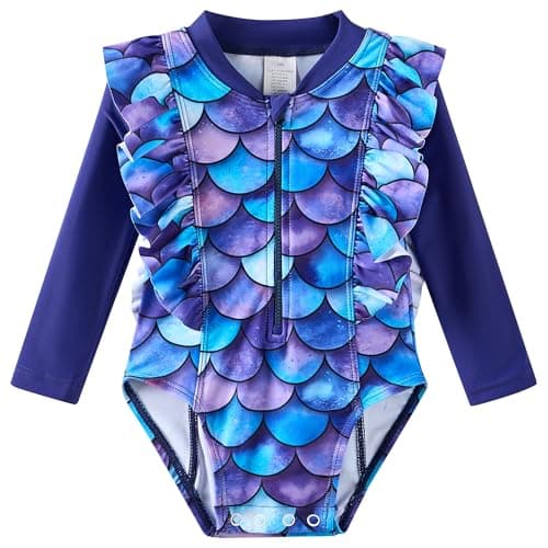 LIBREDGE Baby Girls Swim Suit One Piece Long Sleeve Rash Guard Swimsuit Bathing Suit UPF 50+ Sun Protection Mermaid 12-18 Months