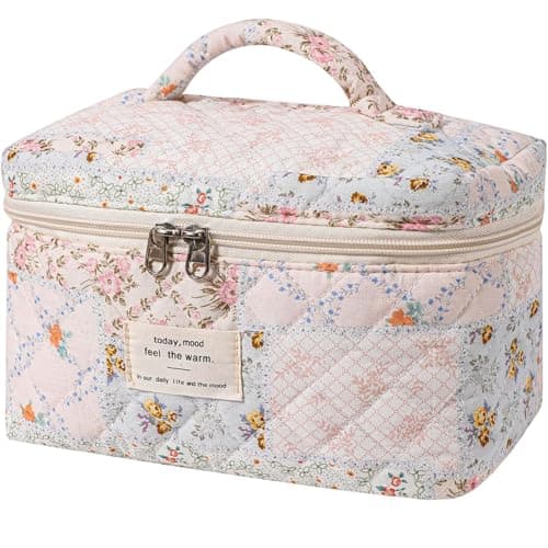 AMULOKRU Large Makeup Bag, Cute Cosmetic Bags for Women, Floral Quilted Makeup Bag, Coquette Aesthetic Toiletry Bag,Travel Makeup Organizer Bags
