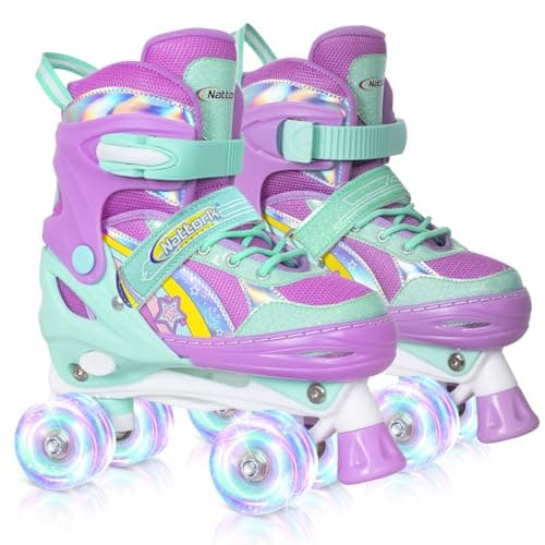 Nattork Girls Rainbow Unicorn Roller Skates for Little Kids Toddler Ages 3-5 3 4 5, 4 Size Adjustable Quad Skates with All Light Up Wheels - Best Birthday Gift for Outdoor Sports - Teal