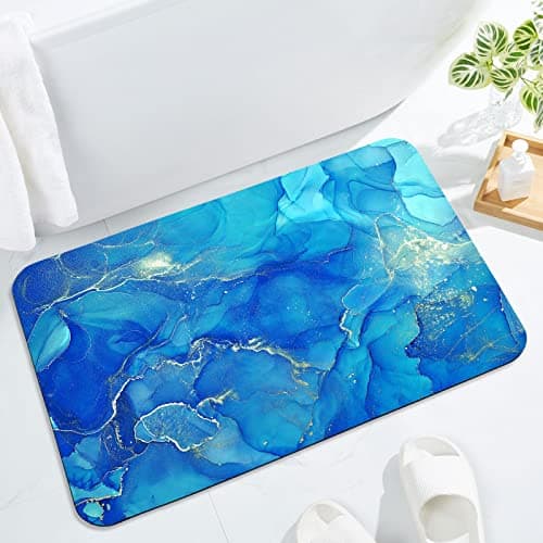 Gibelle Bath Mat Rug Super Absorbent Quick Dry Thin Bathroom Rugs Fit Under Door Non Slip Rubber Backed Bathroom Floor Mat for in Front of Bathtub Sink Shower (17"x24", Blue)