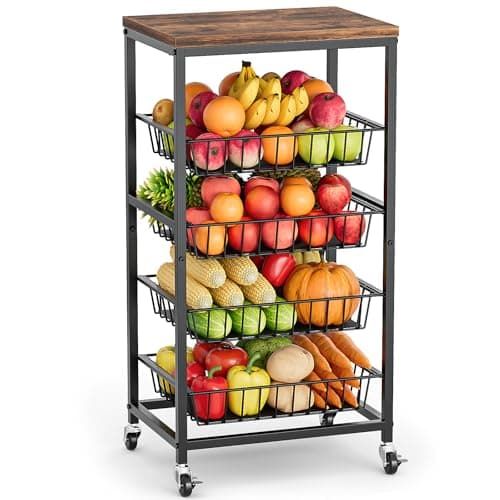 Venkuber Fruit Vegetable Cart, 4-Tier Snack & Kitchen Cart on Wheels with Storage, Pull-Out Baskets & Wood Top, Rolling Organizer for Pantry, Living Room (Brown)