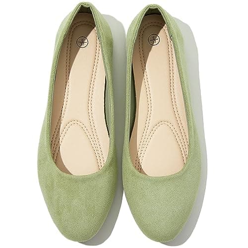 Shupua Flats for Women Round Toe Ballet Flats Work Shoes, Green, Size 5