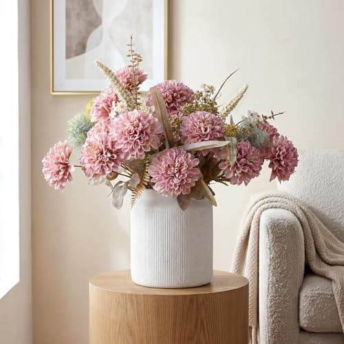 FancyPlus 10 Heads Artificial Flowers Ball Mums Indoor for Vase, Large Silk Faux Chrysanthemum with Stems, Fake Bouquet for Home Decor Table Filler, 2 Pack (Pink)