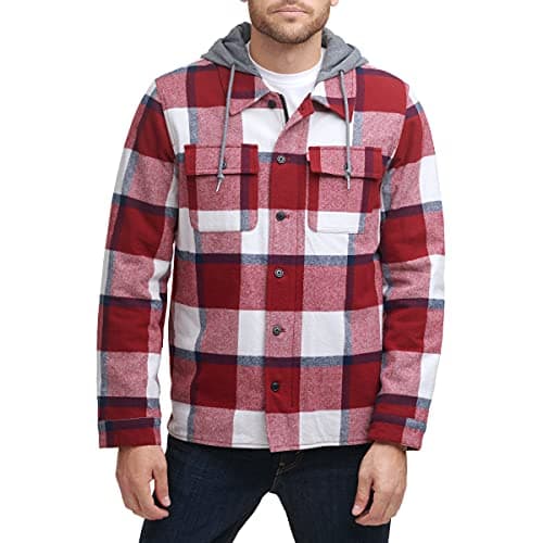 Levi's Men's Plaid Sherpa Lined Hooded Shirt Jacket (Regular & Big & Tall Sizes), Red Navy Skater Plaid, Small