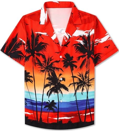 SANGTREE Mens Hawaiian Shirts Button Down Shirt, Coconut Tree Red, Small