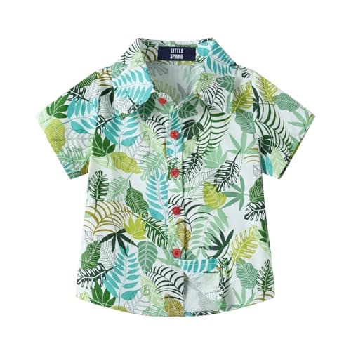 LittleSpring Button Down Shirt for Little Boys Hawaiian Summer Holiday Short Sleeve Green Shirts Size 6