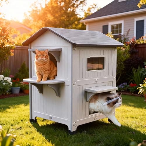 Rockever Plastic Insulated Outdoor Cat House with Escape Door, 2 Story Waterproof Cat House for Outdoor Cats for Feral Cats, Elevated Outside Cat Shelter, Clean and Assemble Easily
