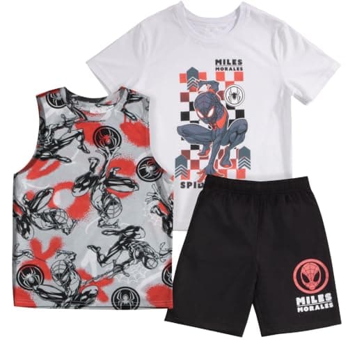 Marvel Spider-Man Miles Morales Boys 3-Piece Clothing Set - Printed Short Sleeve T-Shirt, Tank Top, & Shorts 3-Pack Bundle Set for Kids (White/Gray/Black, Size 5/6)
