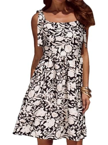 YUNDAI Women’s Floral Tie Shoulder Mini Dress Square Neck Summer Casual Sundress
