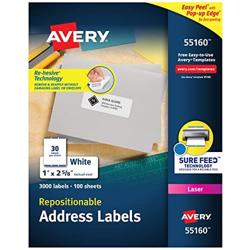 Avery® Repositionable Printable Address Labels, Sure Feed® Technology, 1" x 2-5/8", White, 3,000 Blank Mailing Labels (55160)