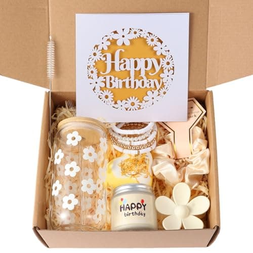 ONIYEA Birthday Gift for Teen Girls, 7 Cute Gifts with Tasks, Happy Birthday Gift Ideas,Trendy Preppy Stuff for Teen Girls, Christmas, Cute Daisy Aesthetic Glass Cups Tumbler Gifts Set 7pcs (Beige)
