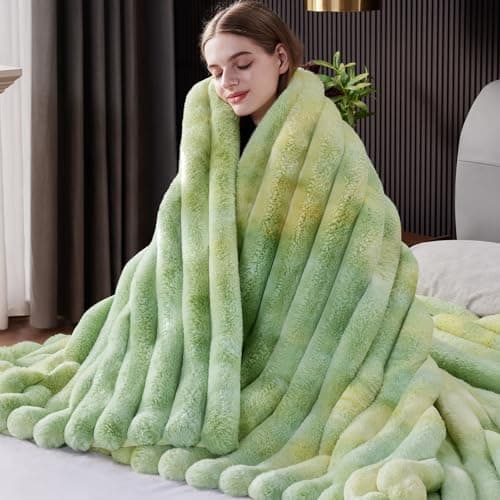 HaloRest Fluffy Faux Fur Throw Blanket, Thick 1000GSM Soft Cozy Throw Blankets for Bed, Luxury Plush Striped Warm Fuzzy Blanket for Couch LivingRoom Home Decor & Gifts(60"x 80", Tie-dye Green)