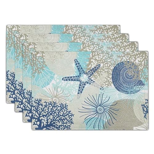 Nautical Coastal Placemats Set of 4 18x12 Inch Summer Beach Themed Linen Place Mats Heat-Resistant Washable Wipeable Beachy Seashell Table Mat for Party Kitchen Dining Room Dinner Table Decor