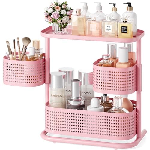 KINGRACK Metal Bathroom Counter Organizer，Rotating Countertop Storage Shelf | 3 Tier, Makeup Tray for Vanity, Perfume & Skincare, Standing Shelf for Bathroom Counter Storage, Pink