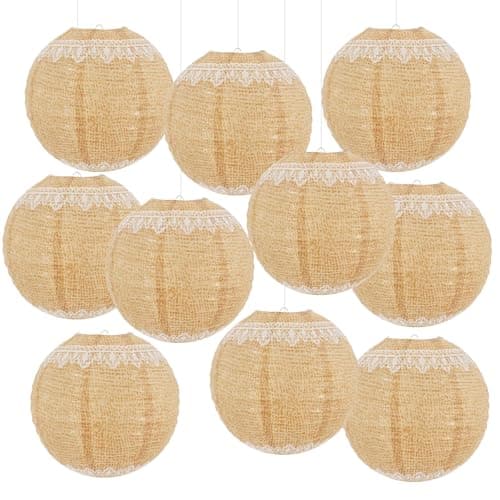 YUNXUAN Boho Party Decorations Burlap Hanging Paper Lanterns for Boho Baby Shower Vintage Wedding Rustic Birthday Farmhouse Classroom Decor Pack of 10