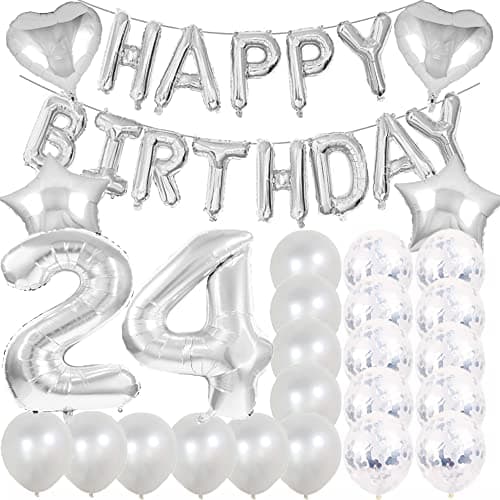 ZSNWGZ Sweet 24th Birthday Decorations Party Supplies,Silver Number 24 Balloons,24th Foil Mylar Balloons Latex Balloon Decoration,Great 24th Birthday for Girls,Women,Men