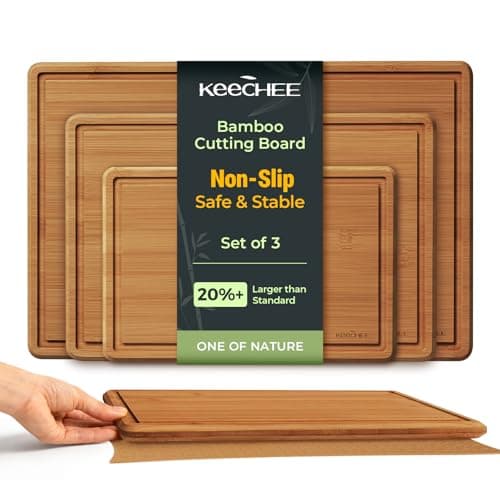 Keechee Bamboo Cutting Board with Non-slip Mat, Cutting Boards for Kitchen Meal Prep & Serving - Wood Serving Board Sets with Deep Juice Groove Ideal Kitchen Gifts