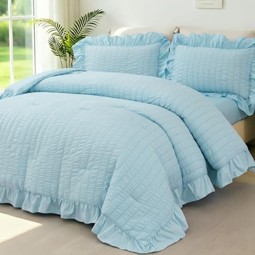ZSYAYAHA 5 Pieces Ruffled King Comforter Set Blue Seersucker Bedding Set with Sheets Boho Farmhouse Bed in A Bag with Ruffle Comforter Fluffy Soft Bed Set for Women(Blue, King)