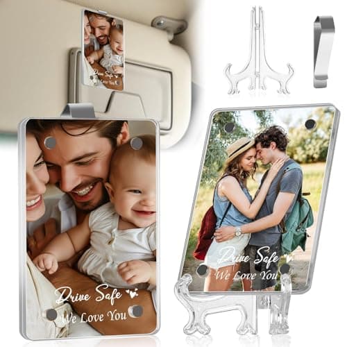 chiazllta Father's Day Car Picture Holder for Car Visor Clip Acrylic Magnetic Photo Holder with Stand Drive Safe We Love You Picture Frame Gift Cars Accessories for Family Photos 3.5x2.4 Inch