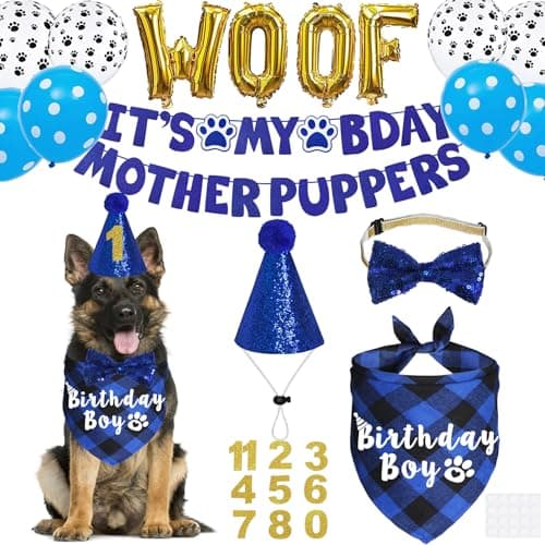 JOTFA Dog Birthday Decorations, Multi Sizes Dog Birthday Bandana Boy Dog Birthday Hat Numbers Bow Tie It’s My Bday Mother Puppers Sign Banner WOOF Balloons for Large Extra Large Dogs (Blue, X-Large)