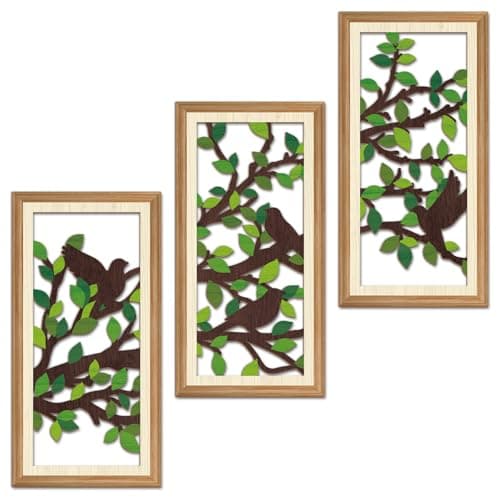 IARTTOP 3Pcs Bird On Branch Green Leaf Nature Silhouette Wooden Wall Art