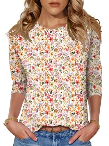 LOMON 3/4 Length Sleeve Womens Tops Womens Tops Trendy 2026 Summer Blouses for Women 2026 Shirts White Red Floral M