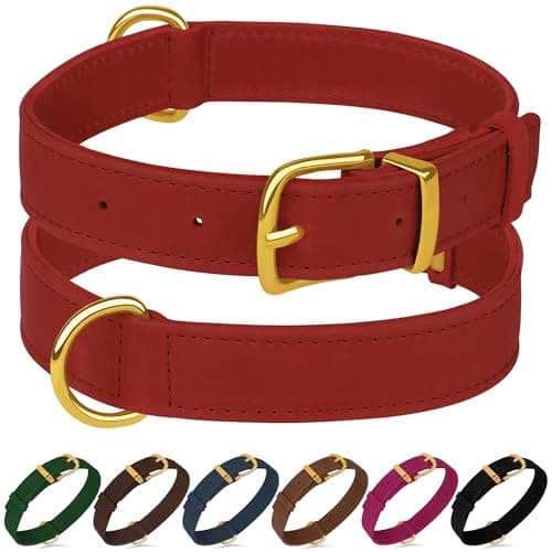 Leather Dog Collar - Heavy Duty Adjustable Soft Padded Pet Collars for Small Medium Large Dogs Breed - Black Green Brown Pink Red Blue (Red, L, 15"-19" Neck Fit)