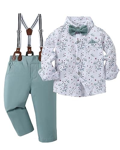 DISAUR Toddler Boy Dress Clothes Short Sleeve White Flower Dress Shirt Bow Tie Suspender Green Pants Toddler Outfits For Boys 18 Months 2t 24 Months