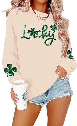 FAYALEQ Women St Patrick's Day Sweatshirt Sequin Shamrock Pullover Irish Sweatshirt Crewneck Long Sleeve Top Apricot