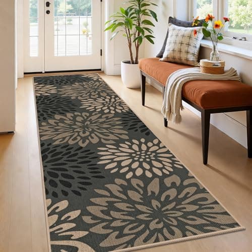 HEBE Faux Jute Runner Rug 2'x8', Floral Washable Rugs Runner for Hallway, Non Slip Kitchen Runner Rug, Indoor Outdoor Carpet for Patios, Porch, Laundry, Entryway,Bedside