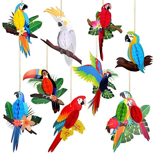 Summer 9 Pcs Tropical Birds Honeycomb Paper Cutouts Luau Parrot Party Decor