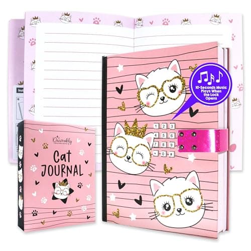 Decorably Glittery Cat Kids Diary with Lock for Girls Ages 6-8, 160 Pages