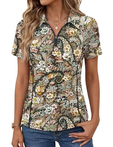 LOMON Collared Shirts for Women UPF 50+ Sun Protection Polo Shirts Ladies Lightweight Vneck Golf Polos (Black Orange Floral L)
