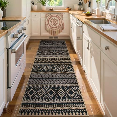 Lahome Easy Jute Boho Runner Rugs for Kitchen, 2x8 Washable Runner Non Slip Stain Resistant, Black Geometric Print Distressed Indoor Outdoor Rug for Laundry Room Hallway Decor