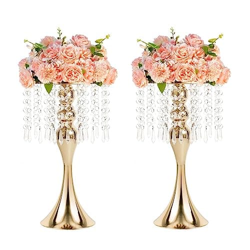 Metal Wedding Centerpieces for Table, Crystal Flower Stands, Wedding Road Lead Flower Holders, Crystal Mermaid Chandelier Flower Vases for Birthday Party Event Wedding Home Decor (Gold, 13"- 2pcs)