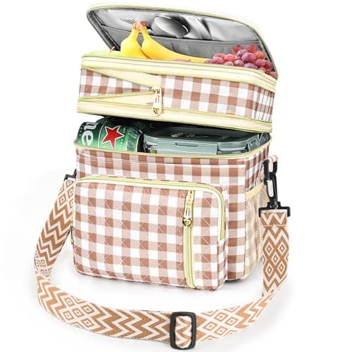 LOKASS Lunch Box for Women-16L-Insulated Lunch Bag Women, Expandable Double-layer Leakproof Cooler Bag with Upgrade Adjustable Shoulder Strap Ideal for Work/Travel/Picnics（Brown&White Check）