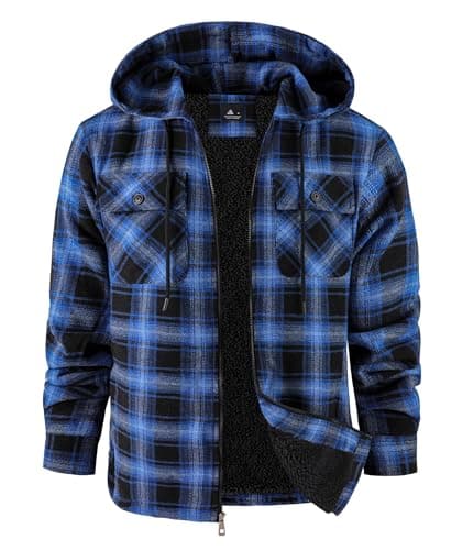 ZITY Men's Flannel Hooded Jacket Fleece Sherpa Lined Plaid Shirts Jackets Zip Up Sweatshirt Hoodies for Men with 4 Pockets Black Blue Large