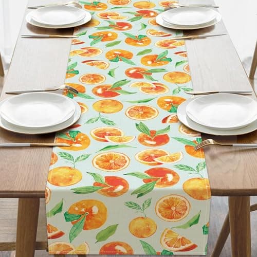 Croar Watercolor Orange Dining Table Runner, Spring Summer Citrus Tangerines Fruit Burlap Kitchen Decoration, Farmhouse Indoor Outdoor Home Decor Party Supply 13 x 72 Inches